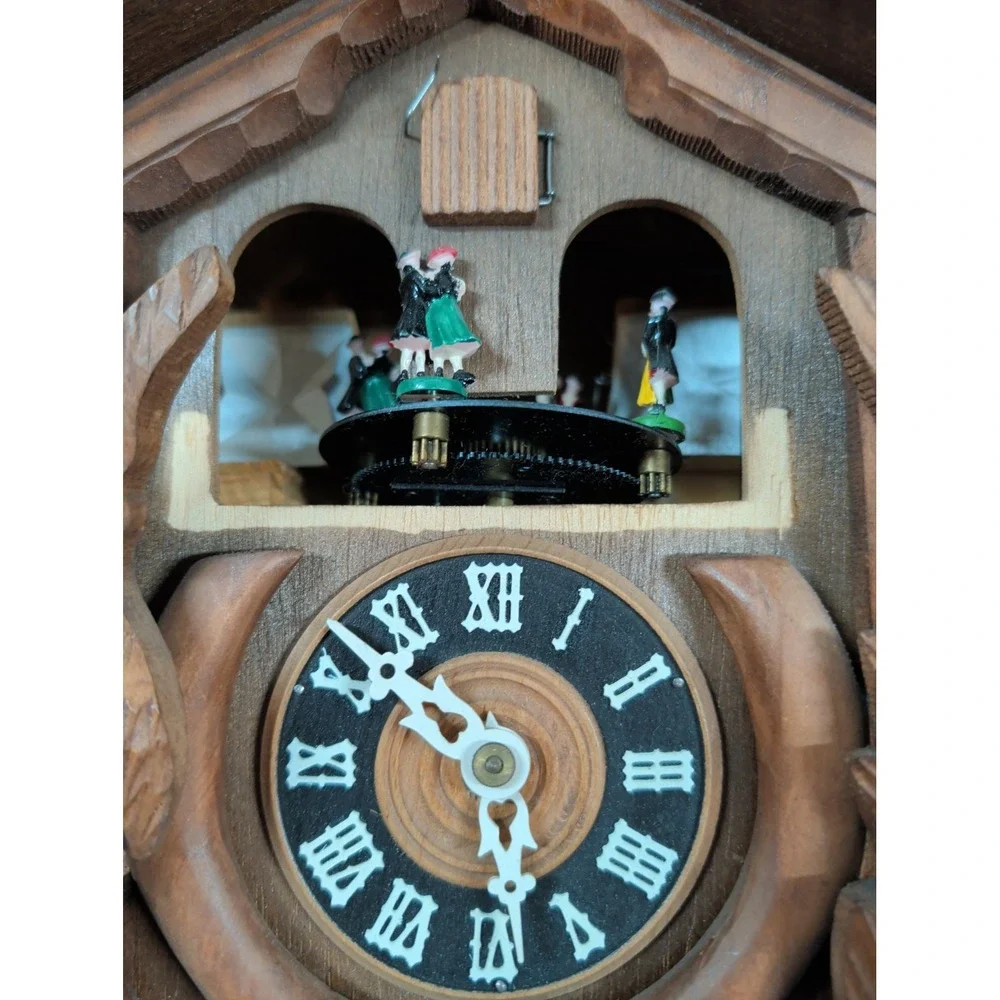 Vintage Cuendet Swiss Musical Cuckoo Clock Hand Carved Wood Stag Hunter Scene
